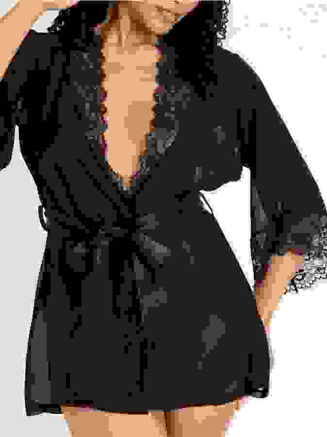 Lovehoney Barely There Sheer Black Robe, Black, hi-res